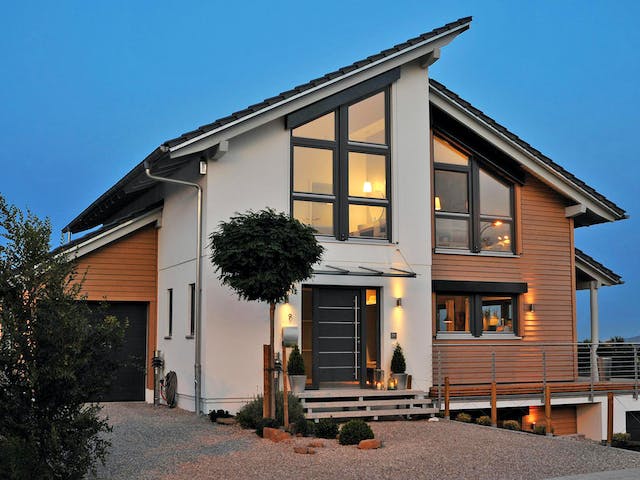 Fertighaus E 15-154.1 - Fertighaus mit Holz von SchwörerHaus Schlüsselfertig ab 446140€, Pultdachhaus Außenansicht 3