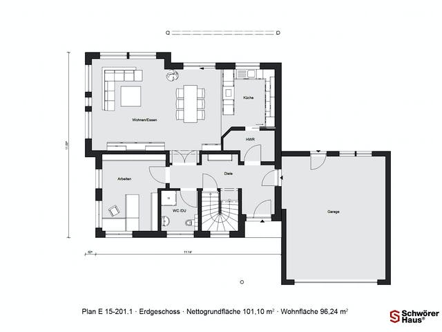 Fertighaus E 15-201.1 - Plusenergiehaus von SchwörerHaus Schlüsselfertig ab 566696€, Satteldach-Klassiker Grundriss 1