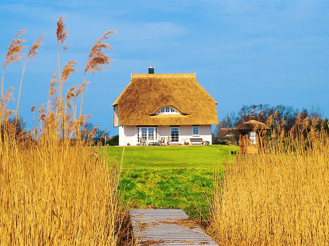 Fertighaus Stockholm unter Reet von Danhaus Deutschland, Satteldach-Klassiker Außenansicht 1 Fertighaus Stockholm unter Reet von Danhaus Deutschland, Satteldach-Klassiker Außenansicht 1
