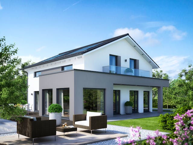 Fertighaus SUNSHINE 165 V4 von Living Fertighaus Schlüsselfertig ab 359488€, Satteldach-Klassiker Außenansicht 1