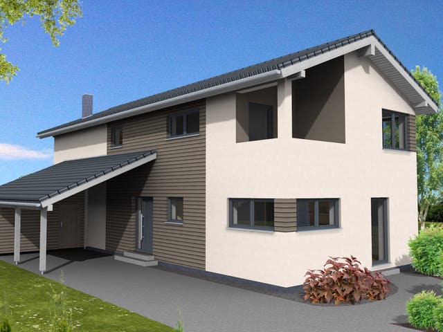 Fertighaus Trendline 183 von Suckfüll Energiesparhaus Schlüsselfertig ab 472950€, Satteldach-Klassiker Außenansicht 1