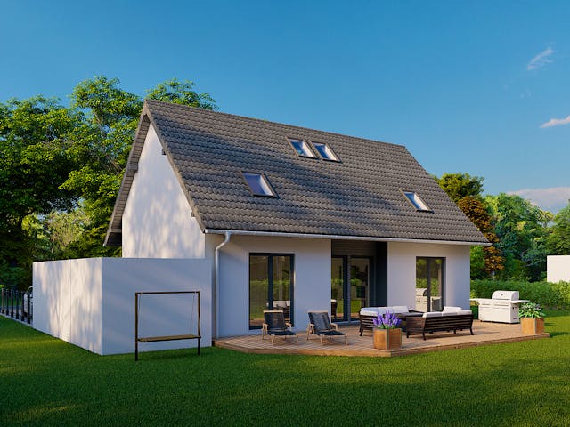 Fertighaus Dimension 90 von Ü-Haus, Satteldach-Klassiker Außenansicht 1 Fertighaus Dimension 90 von Ü-Haus, Satteldach-Klassiker Außenansicht 1