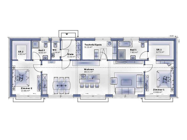 Fertighaus Bungalow Pannonia von Vario-Haus - Deutschland Schlüsselfertig ab 326010€, Bungalow Grundriss 1