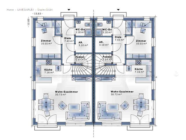 Fertighaus Duplex D124 von Vario-Haus - Deutschland Schlüsselfertig ab 363320€, Cubushaus Grundriss 1