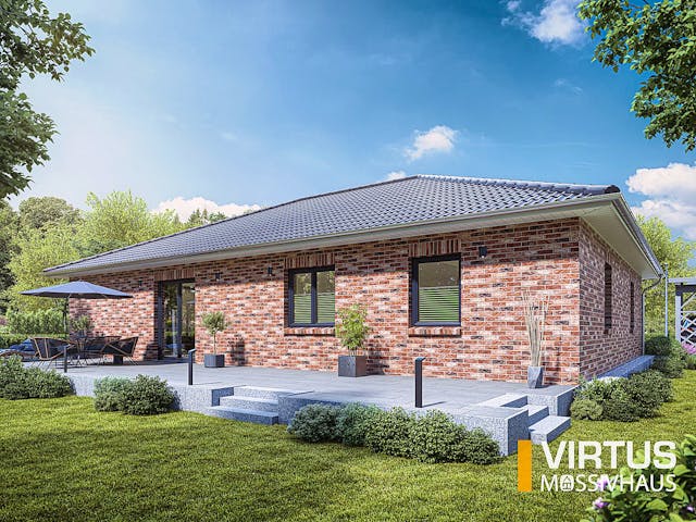 Massivhaus Bungalow V145 von Virtus Massivhaus Schlüsselfertig ab 226500€, Bungalow Außenansicht 1 Massivhaus Bungalow V145 von Virtus Massivhaus Schlüsselfertig ab 226500€, Bungalow Außenansicht 1