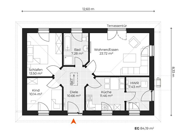 Massivhaus Bungalow V90 von Virtus Massivhaus Schlüsselfertig ab 172900€, Bungalow Grundriss 1