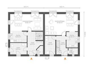 Massivhaus Doppelhaus V150 von Virtus Massivhaus Schlüsselfertig ab 222900€, Stadtvilla Grundriss 1