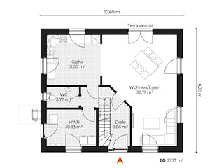 Massivhaus Einfamilienhaus V150 von Virtus Massivhaus Schlüsselfertig ab 227200€, Satteldach-Klassiker Grundriss 1