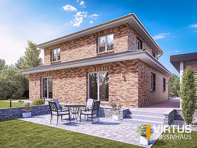 Massivhaus Toskanavilla V180 von Virtus Massivhaus Schlüsselfertig ab 289900€, Stadtvilla Außenansicht 1 Massivhaus Toskanavilla V180 von Virtus Massivhaus Schlüsselfertig ab 289900€, Stadtvilla Außenansicht 1