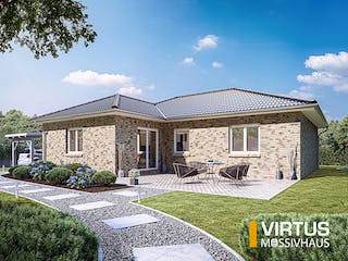 Massivhaus Winkelbungalow V105 von Virtus Massivhaus Schlüsselfertig ab 197900€, Bungalow Außenansicht 1