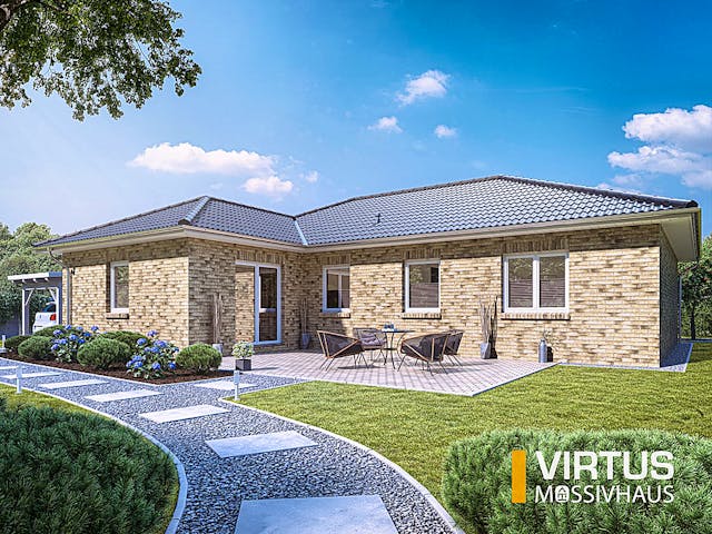 Massivhaus Winkelbungalow V125 von Virtus Massivhaus Schlüsselfertig ab 219600€, Bungalow Außenansicht 1