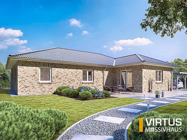 Massivhaus Winkelbungalow V145 von Virtus Massivhaus Schlüsselfertig ab 239900€, Bungalow Außenansicht 1 Massivhaus Winkelbungalow V145 von Virtus Massivhaus Schlüsselfertig ab 239900€, Bungalow Außenansicht 1