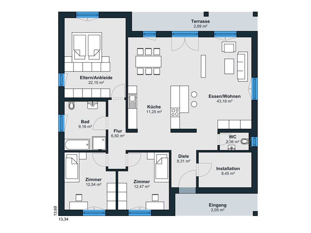 Fertighaus Kundenhaus myLife 402 von WeberHaus Schlüsselfertig ab 397700€, Bungalow Grundriss 1