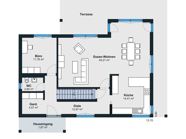 Fertighaus Kundenhaus Reiter sunshine 310 von WeberHaus Schlüsselfertig ab 357700€, Satteldach-Klassiker Grundriss 1