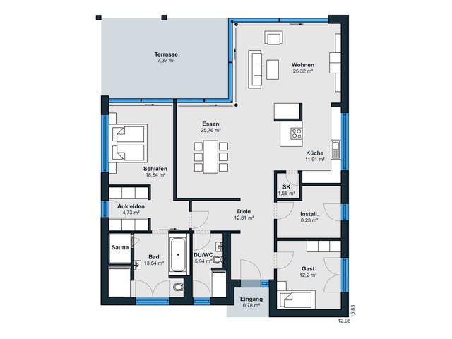 Fertighaus Ausstellungshaus Rheinau-Linx Bungalow von WeberHaus Schlüsselfertig ab 490000€, Bungalow Grundriss 1