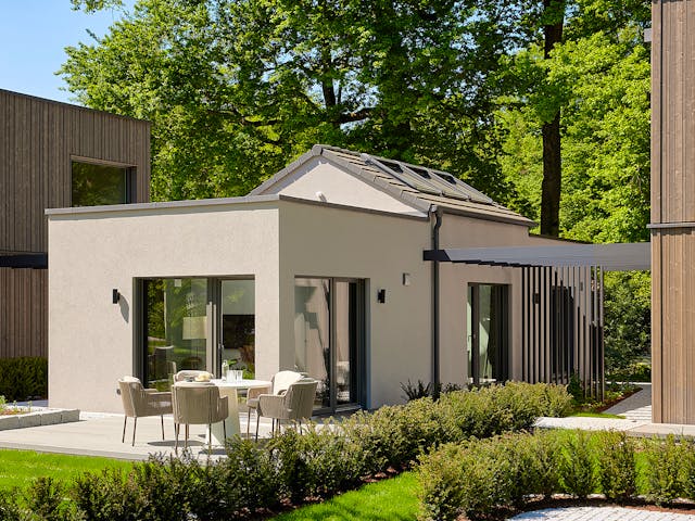 Fertighaus Option Bungalow mit Satteldach offen bis First von WeberHaus Schlüsselfertig ab 199000€, Bungalow Außenansicht 1 Fertighaus Option Bungalow mit Satteldach offen bis First von WeberHaus Schlüsselfertig ab 199000€, Bungalow Außenansicht 1