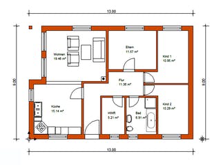 Massivhaus Bunganlow 252 von WEIOTT-Massiv-Haus, Bungalow Grundriss 1