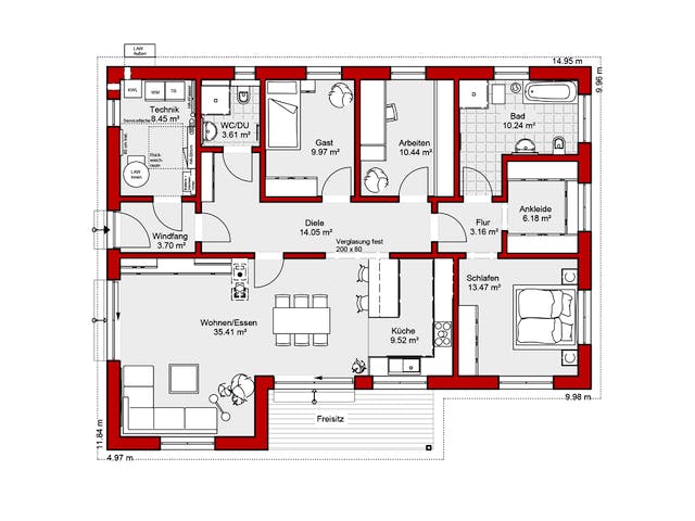 Fertighaus EDITION B 128.2 von Wolf-Haus Schlüsselfertig ab 355913€, Bungalow Grundriss 1