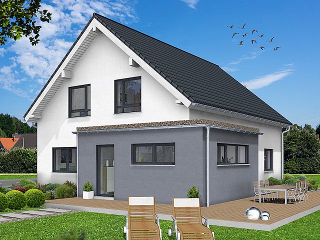 Fertighaus EDITION E 165 von Wolf-Haus Schlüsselfertig ab 399778€, Satteldach-Klassiker Außenansicht 1