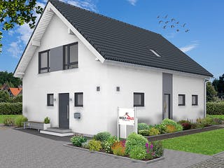 Fertighaus EDITION E 165 von WOLF-HAUS Schlüsselfertig ab 399778€, Satteldach-Klassiker Außenansicht 2