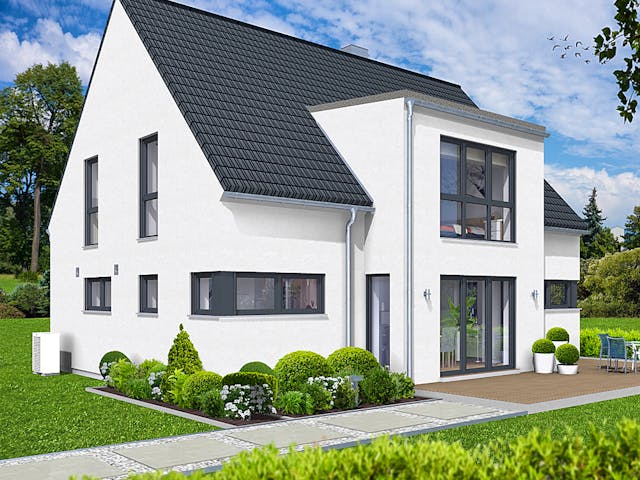 Fertighaus EDITION E 168 von WOLF-HAUS Schlüsselfertig ab 432058€, Satteldach-Klassiker Außenansicht 1